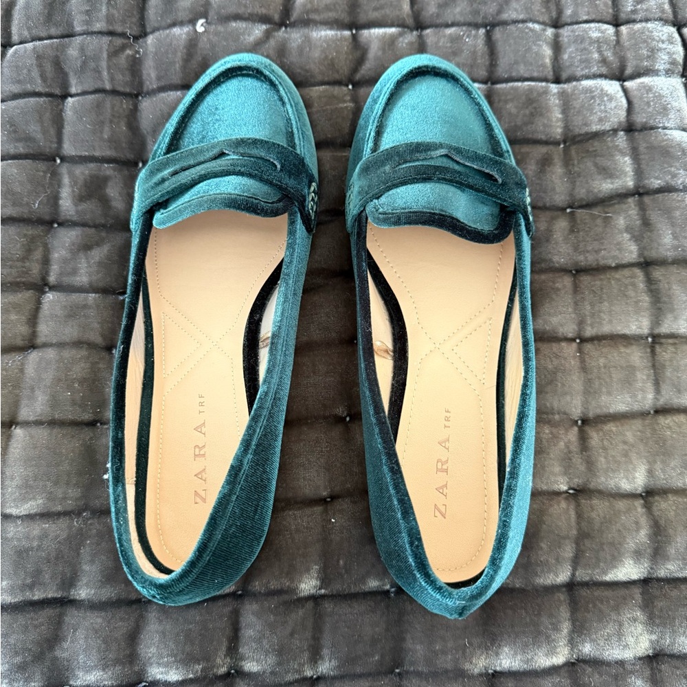 Zara Teal Velvet Penny Loafers - Women's Flats